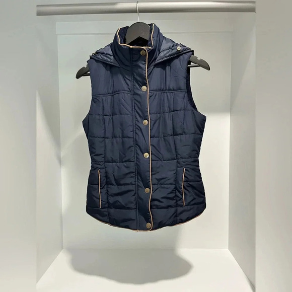 PRINCE & FOX navy puffer vest zip snaps removable fur trim hood pockets Small - Picture 7 of 11
